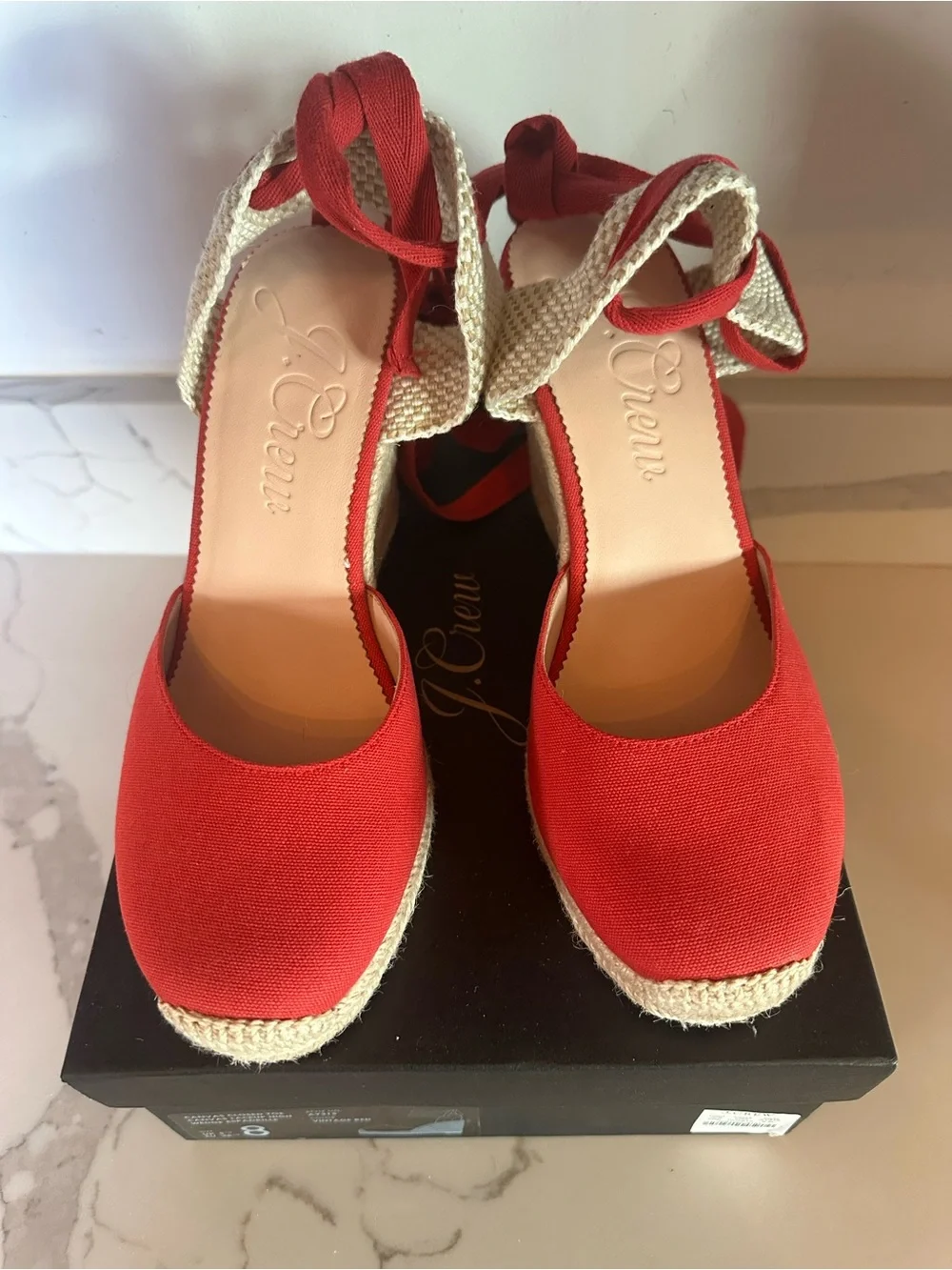J Crew Canvas Red High Heel Espadrille Heels with Wrap Tie, Sz 8, retailed $158